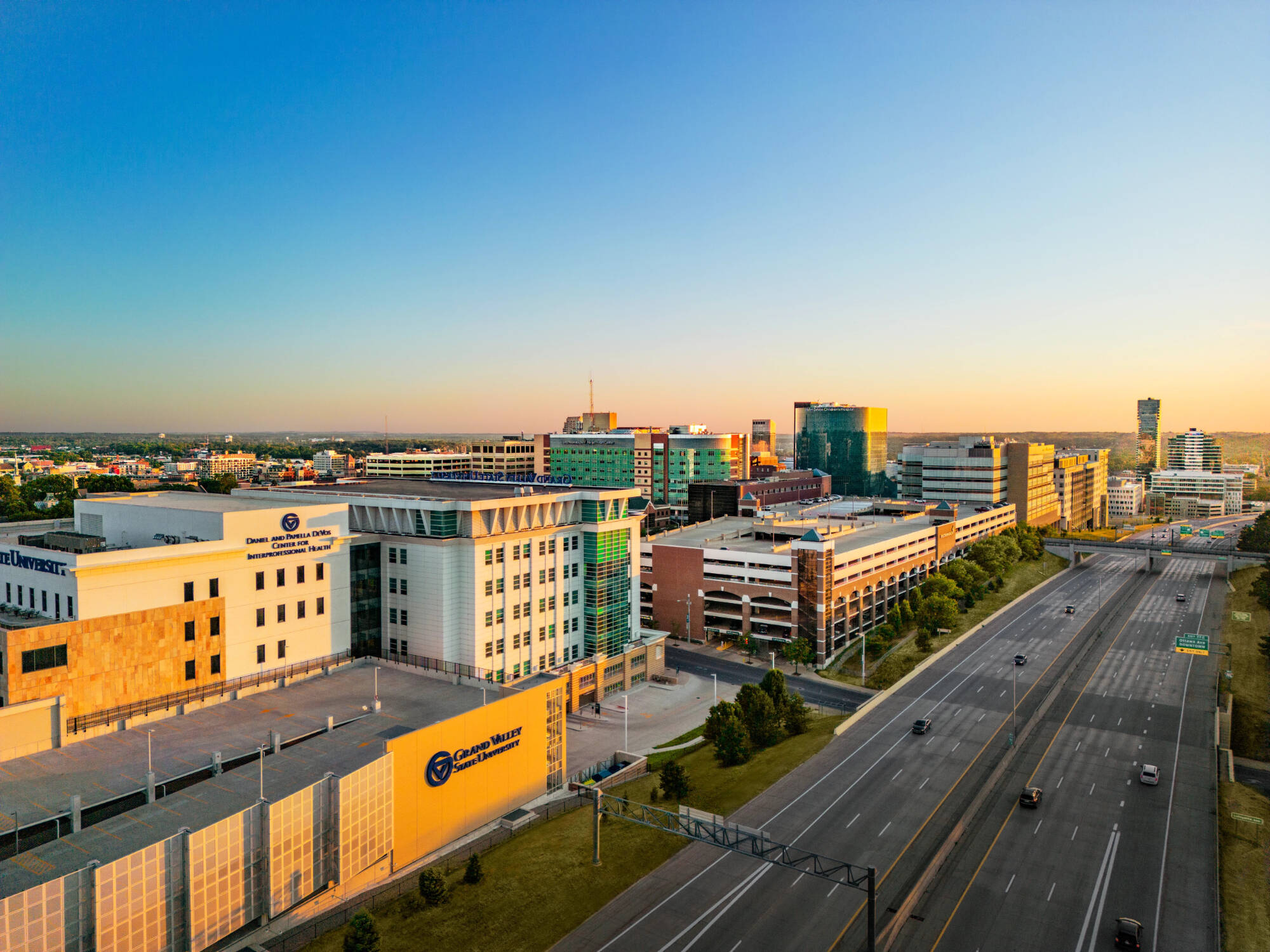 GVSU Health Campus buildings during sunrise